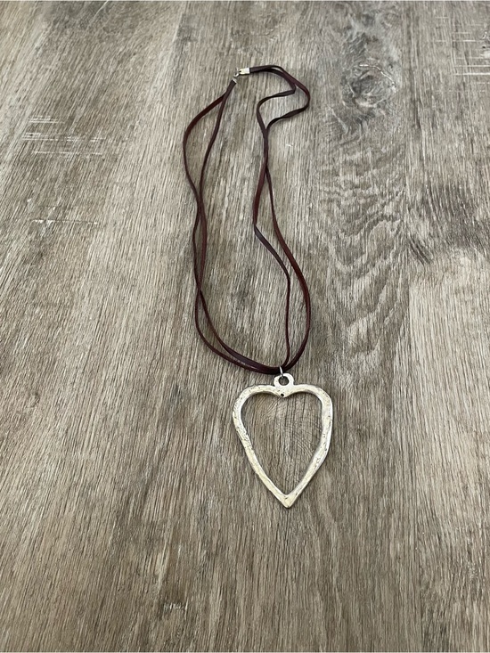Jewelry - Women’s Burgundy Faux Leather Cord Necklace Large Silver Tone Open Heart